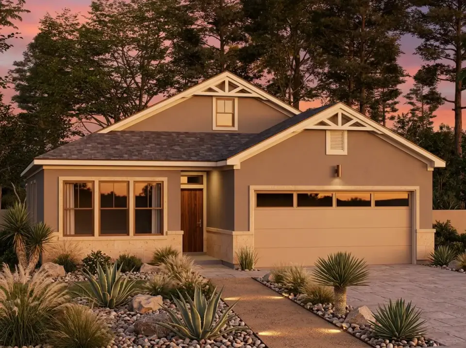 Plan 52531WM desert modern taupe stucco wood door agave landscape