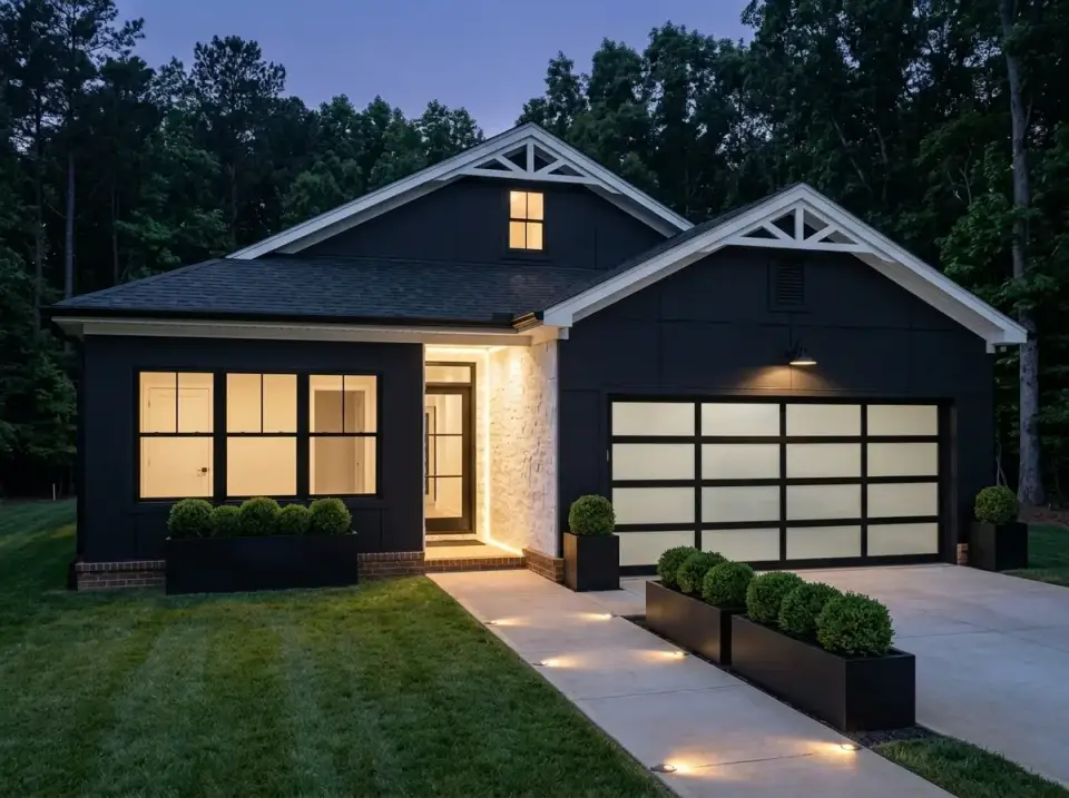 Plan 52531WM contemporary noir black exterior white trim translucent garage panels