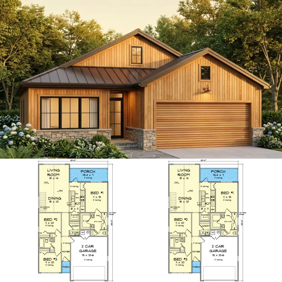 1,355 Sq. Ft. Country Traditional House Plan - 3 Beds, 2 Baths