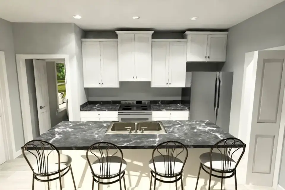 Plan 52531WM open kitchen with white shaker cabinetry and dark stone countertops