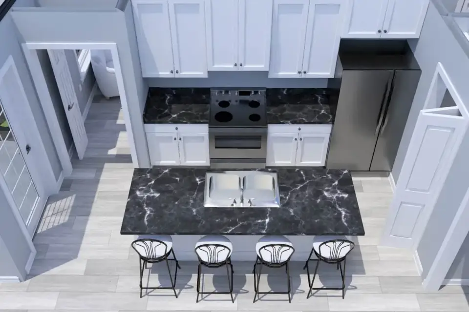Plan 52531WM kitchen island with seating for four double bowl sink
