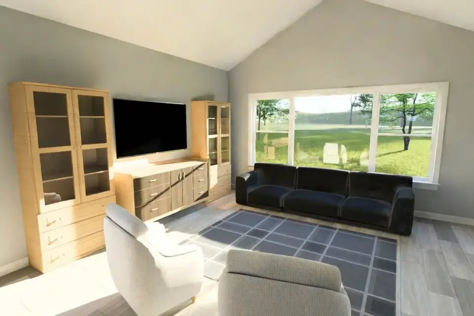 Plan 52531WM vaulted living room with media wall