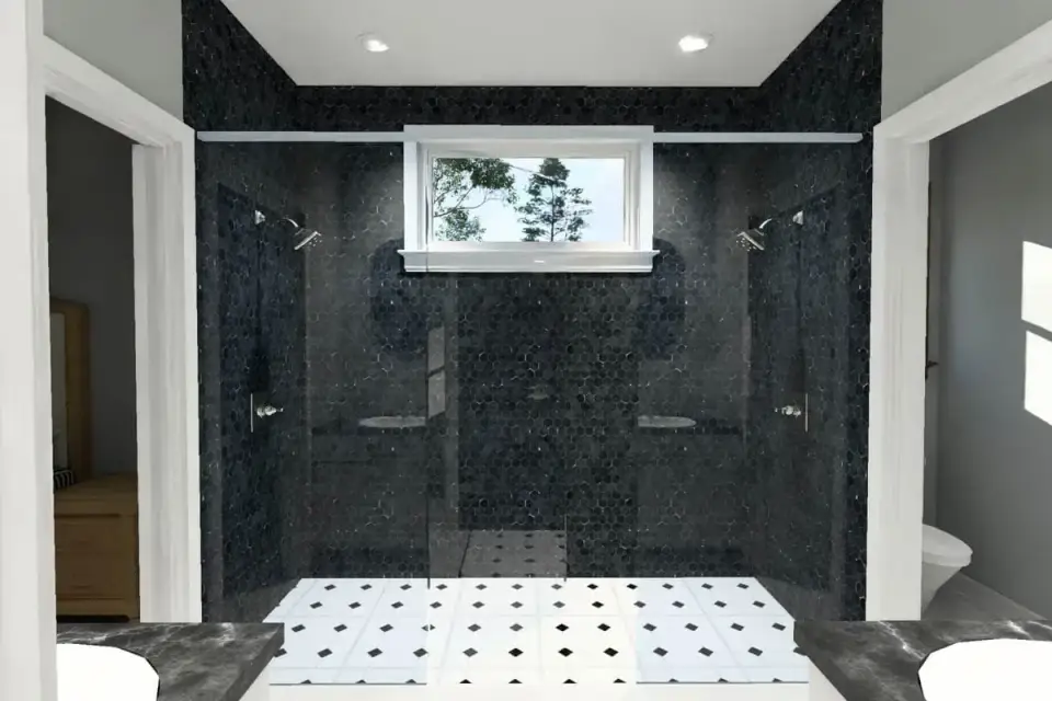 Plan 52531WM primary shower with dark hexagonal wall tile and dual shower heads