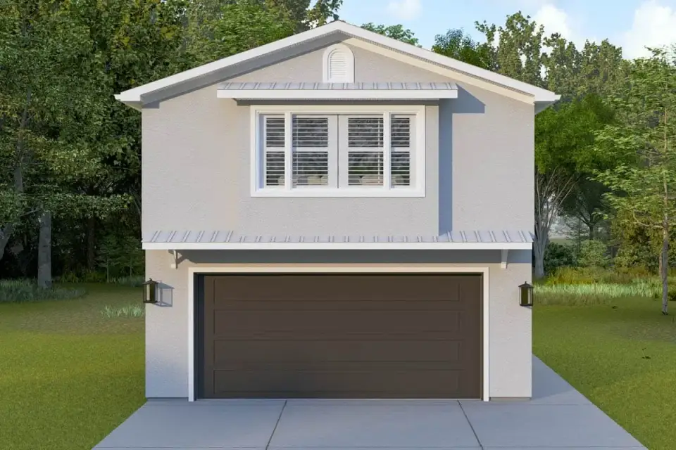 ADU front elevation showing gable-front volume above garage with centered upper window grouping