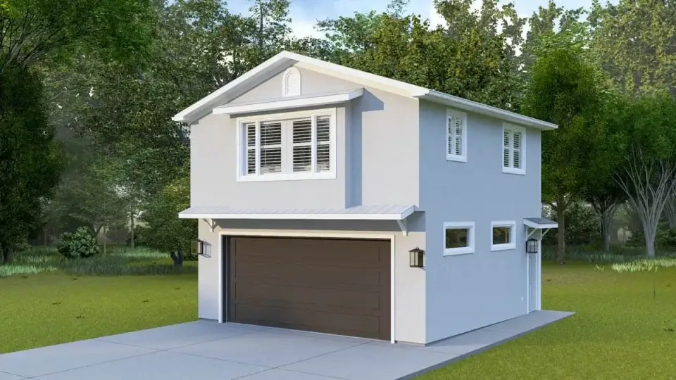 Three-quarter front view of the two-story carriage-style ADU