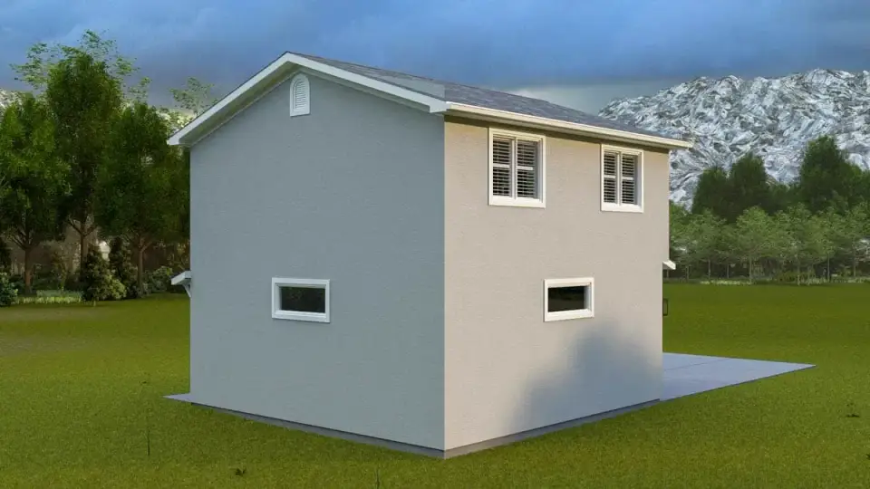 Side elevation showing entry door and interior room window placement
