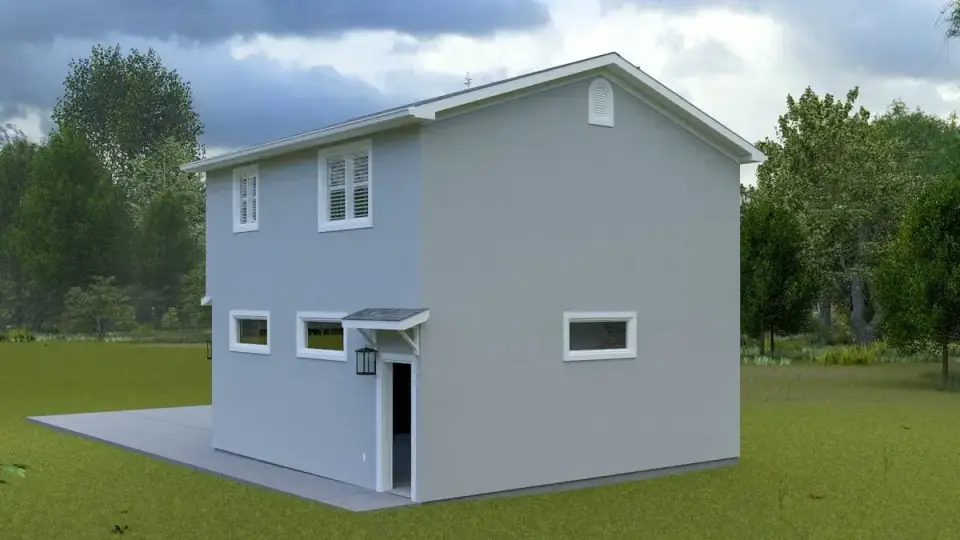 Rear elevation of the ADU with bedroom and bath windows