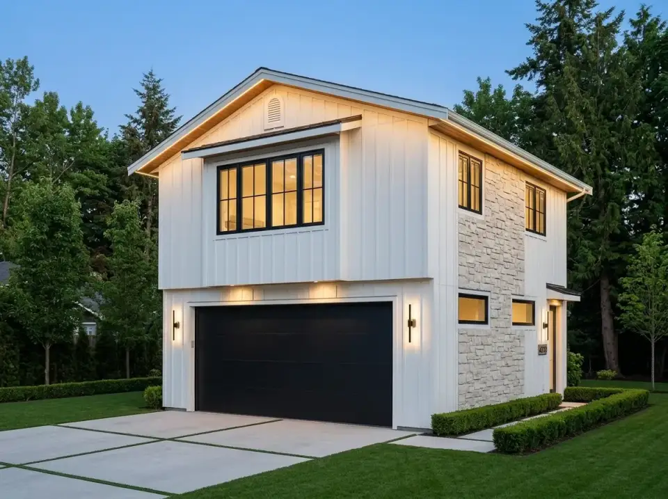 Transitional stone accent ADU facade with full-height stone veneer side wall and painted horizontal siding