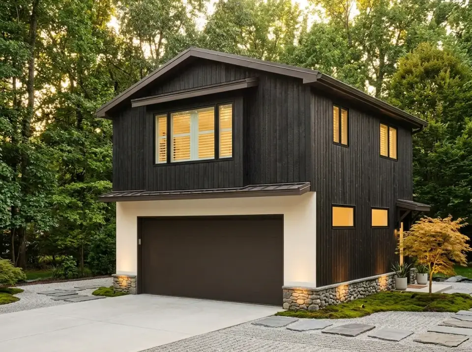 Moody modern rustic ADU facade with dark-stained vertical wood siding upper, white garage surround, and minimalist rock garden