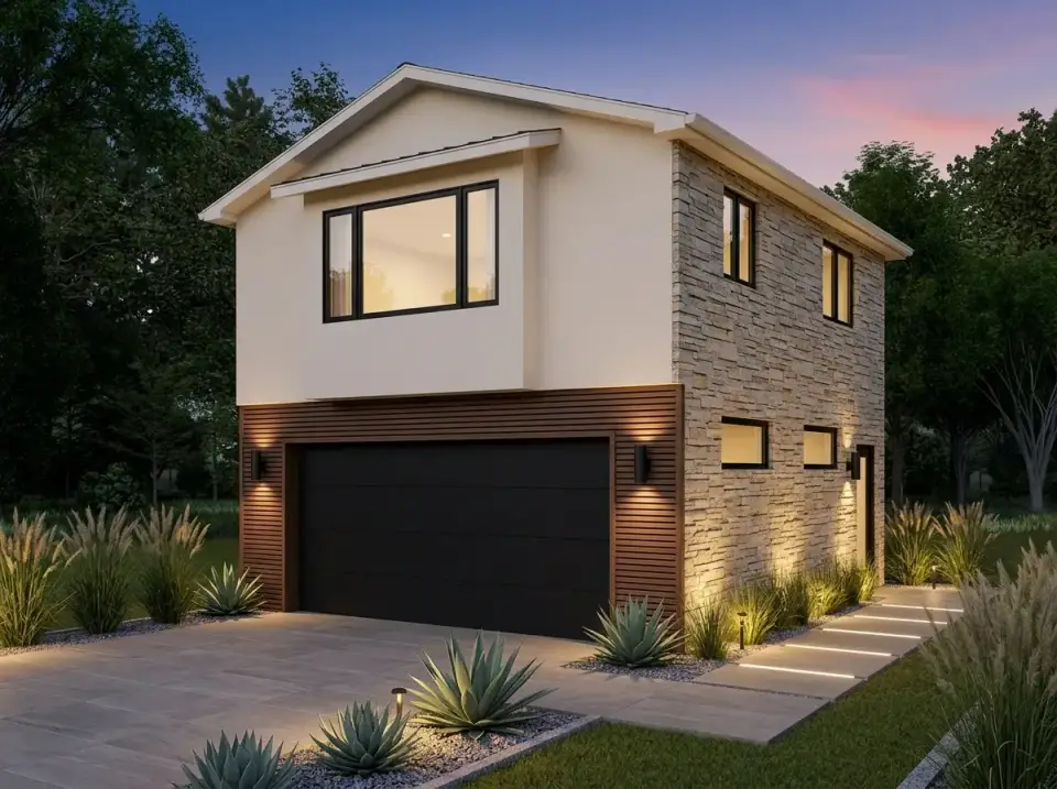 Desert contemporary ADU facade with warm stucco, full stone side wall, horizontal wood slat garage cladding, and agave plantings in gravel