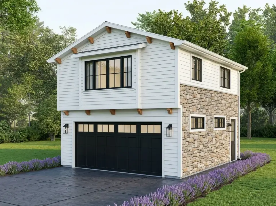 Cottage Craftsman ADU facade with horizontal lap siding, prominent stone gable end, exposed wooden brackets, and lavender plantings