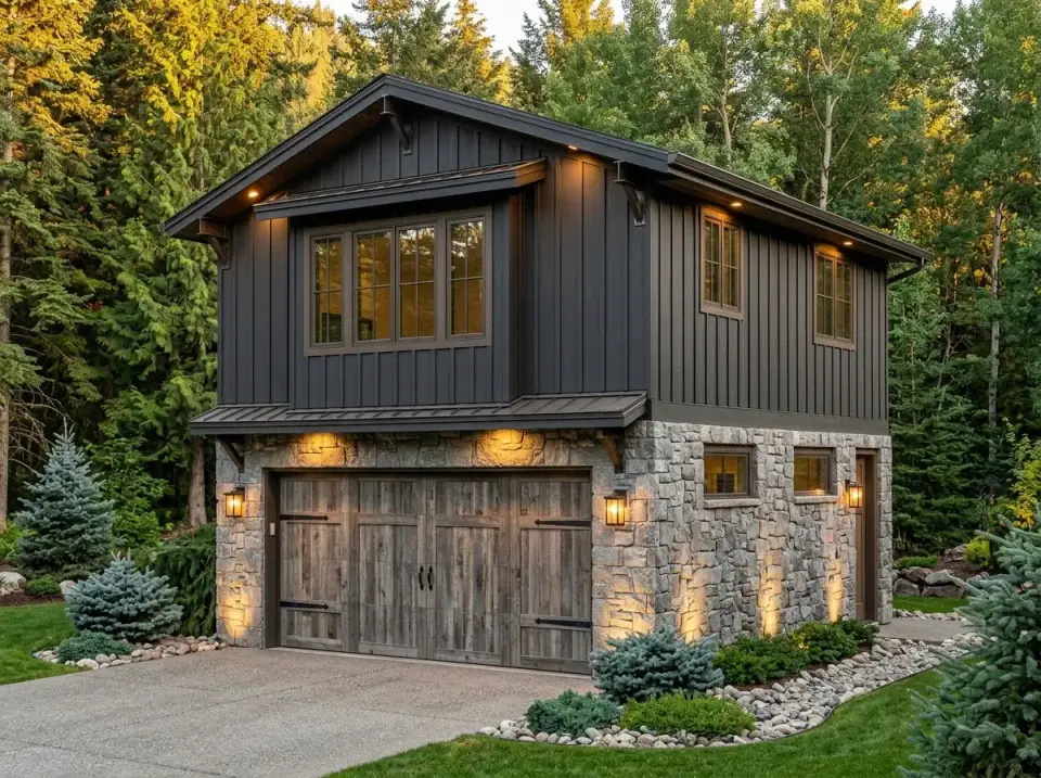 Mountain lodge ADU facade with charcoal board-and-batten, fieldstone base, reclaimed wood carriage doors, and timber brackets