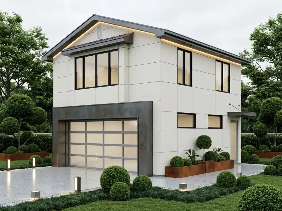 Ultra-modern minimalist ADU facade with large-format smooth panels, dark metal frame, glass-paneled garage door, and corten steel planters