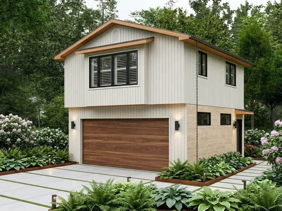 Organic modern ADU facade with light vertical siding, natural wood trim, warm wood garage door, and biophilic plantings