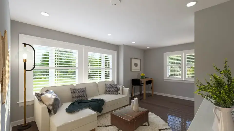 Bedroom suite with neutral palette and natural light from side windows