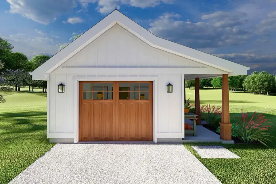 Plan 67849MG modern farmhouse detached garage white siding wood door