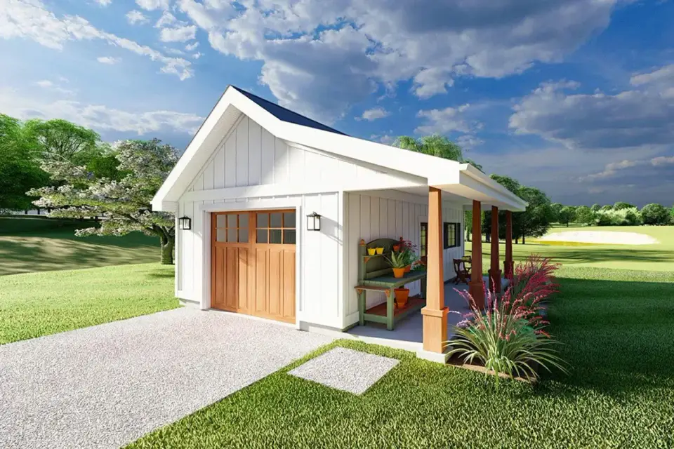 Plan 67849MG three quarter exterior view with covered porch