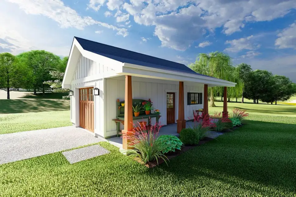 Plan 67849MG side porch elevation with sconce lighting
