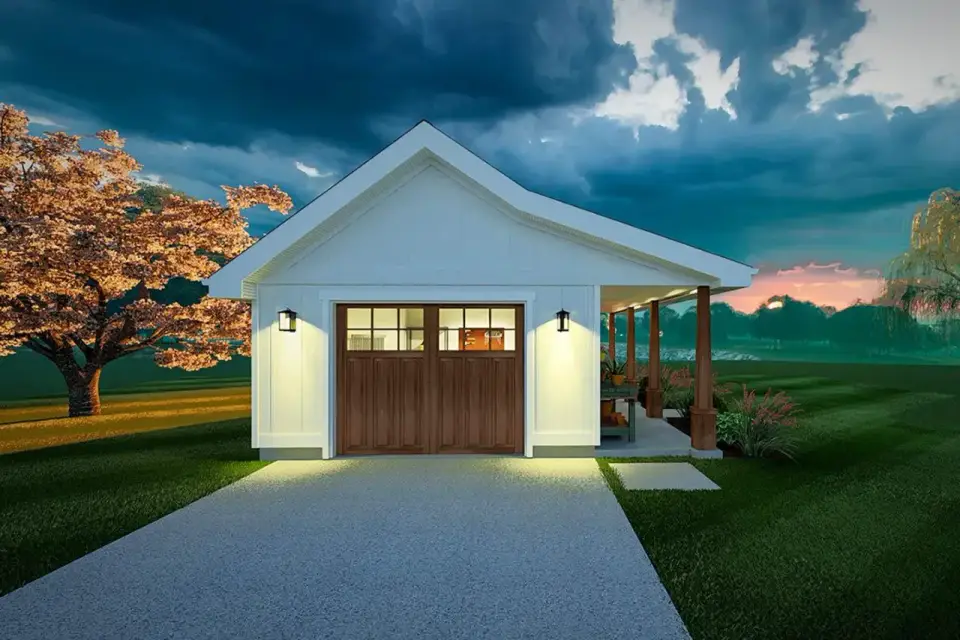 Plan 67849MG twilight exterior with soffit lighting