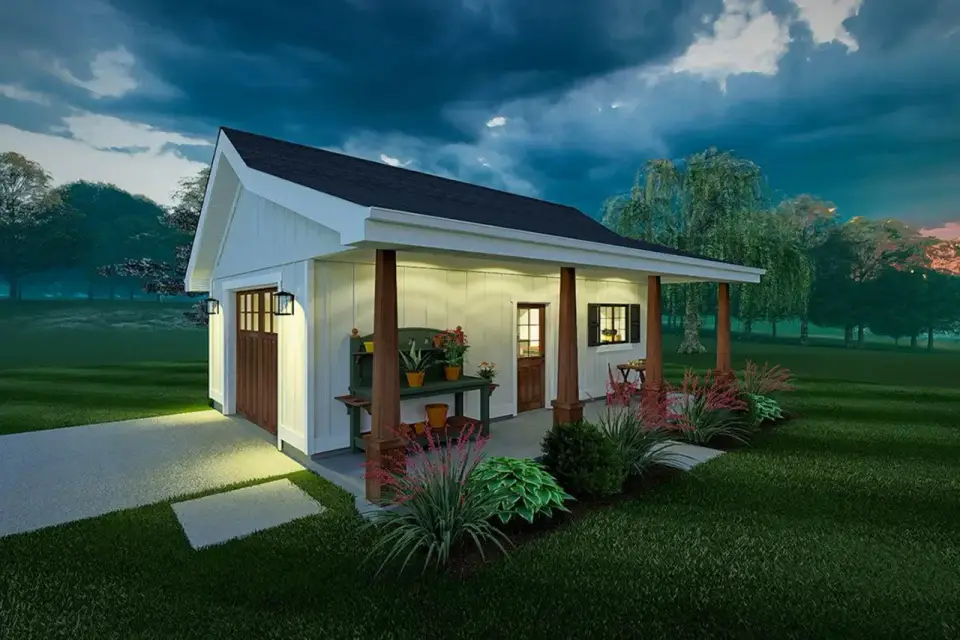 Plan 67849MG rear elevation with naturalistic plantings