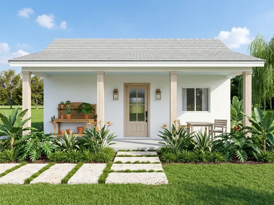 Plan 67849MG coastal tropical modern farmhouse facade with stucco and broad leaf plantings
