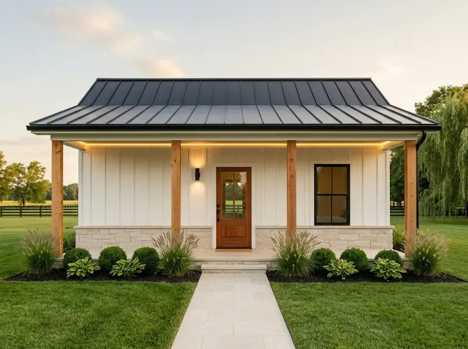 Plan 67849MG stone base modern farmhouse with standing seam roof