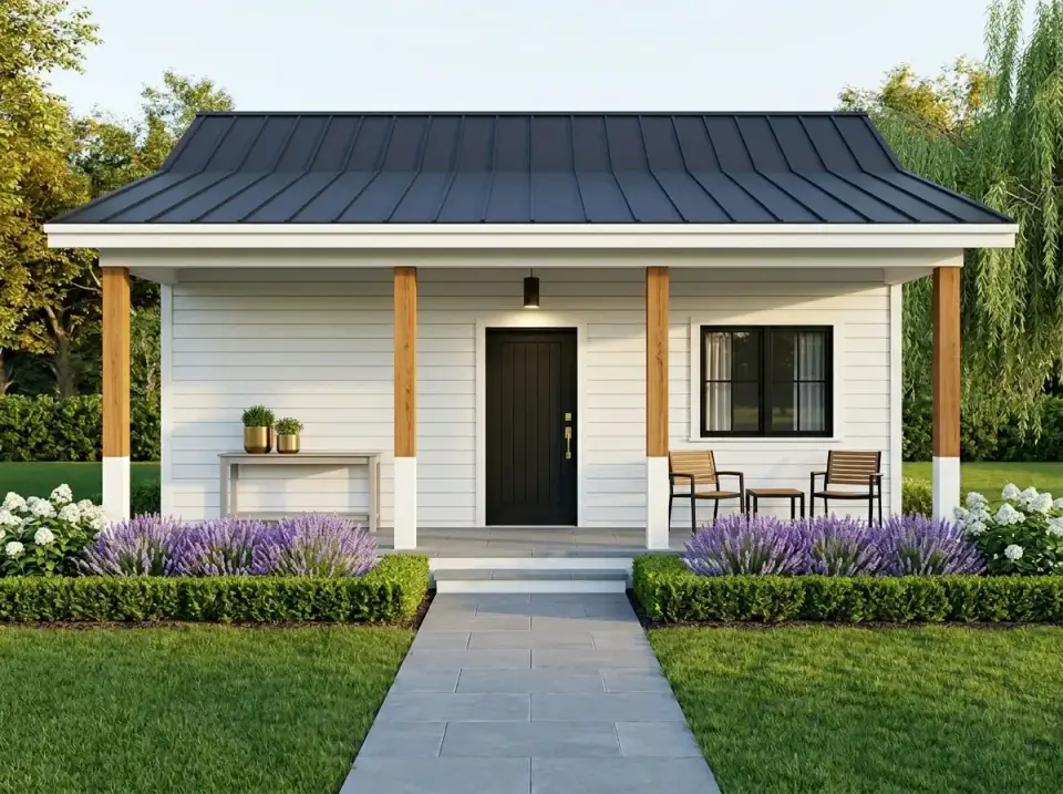 Plan 67849MG contemporary cottage facade with lavender and boxwood landscape