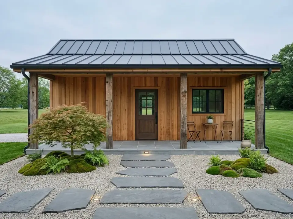 Plan 67849MG natural wood cabin facade with cedar siding and gravel forecourt
