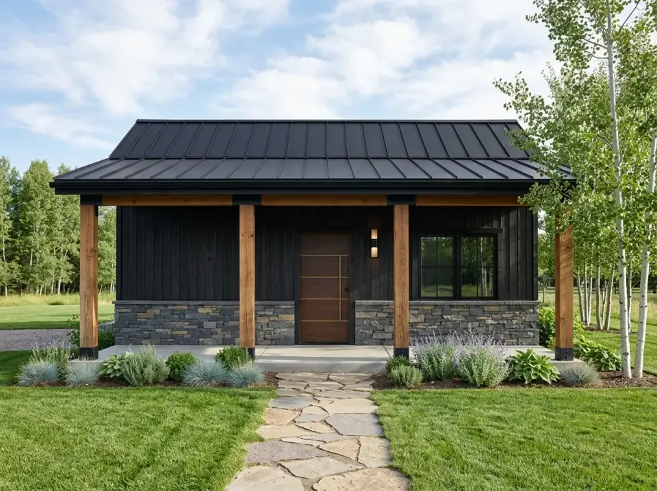 Plan 67849MG dark modern farmhouse with charred siding and stone water table