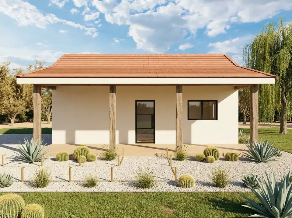 Plan 67849MG desert modern facade with stucco terracotta roof and xeriscape
