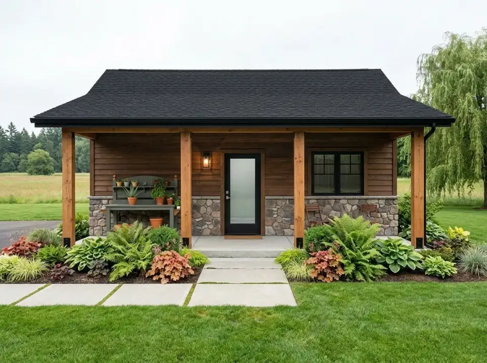 Plan 67849MG rustic craftsman facade with dark stained wood and stone base