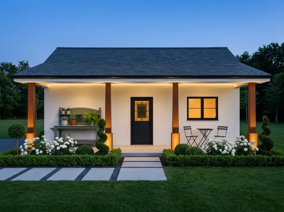 Plan 67849MG formal evening modern farmhouse with column uplighting and boxwood hedging
