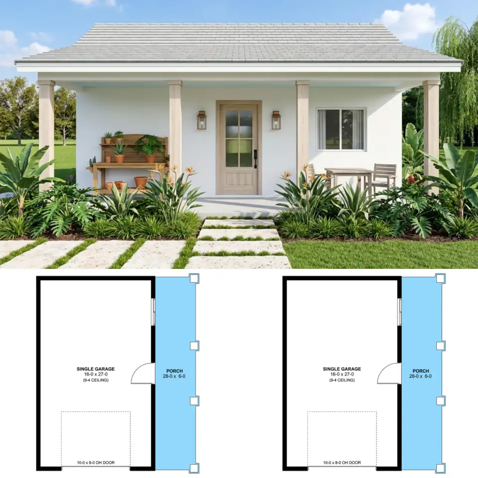 Modern Farmhouse Detached Garage Plan with Covered Porch