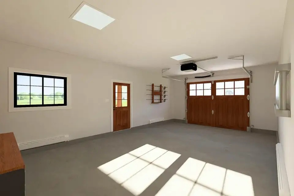 Plan 67849MG workshop interior with wall mounted tool storage