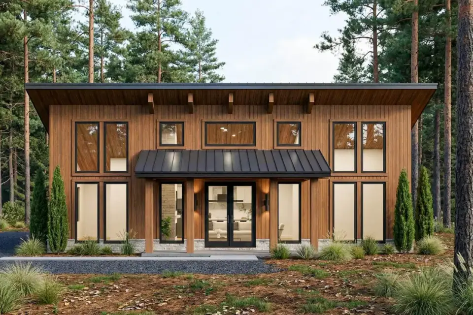 Plan 70953MK front elevation wood siding stone base
