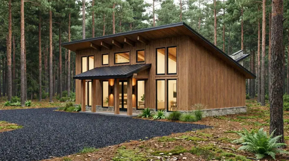 Plan 70953MK three quarter view with timber carport