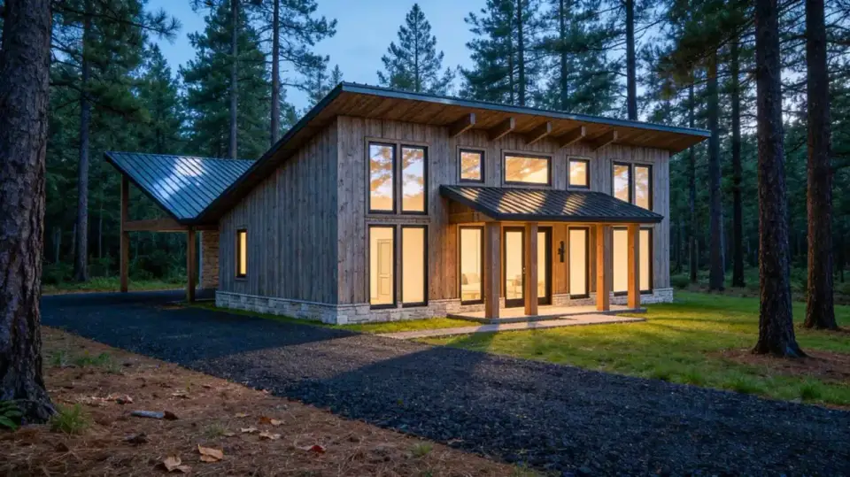 Plan 70953MK metal roof and deep overhang detail