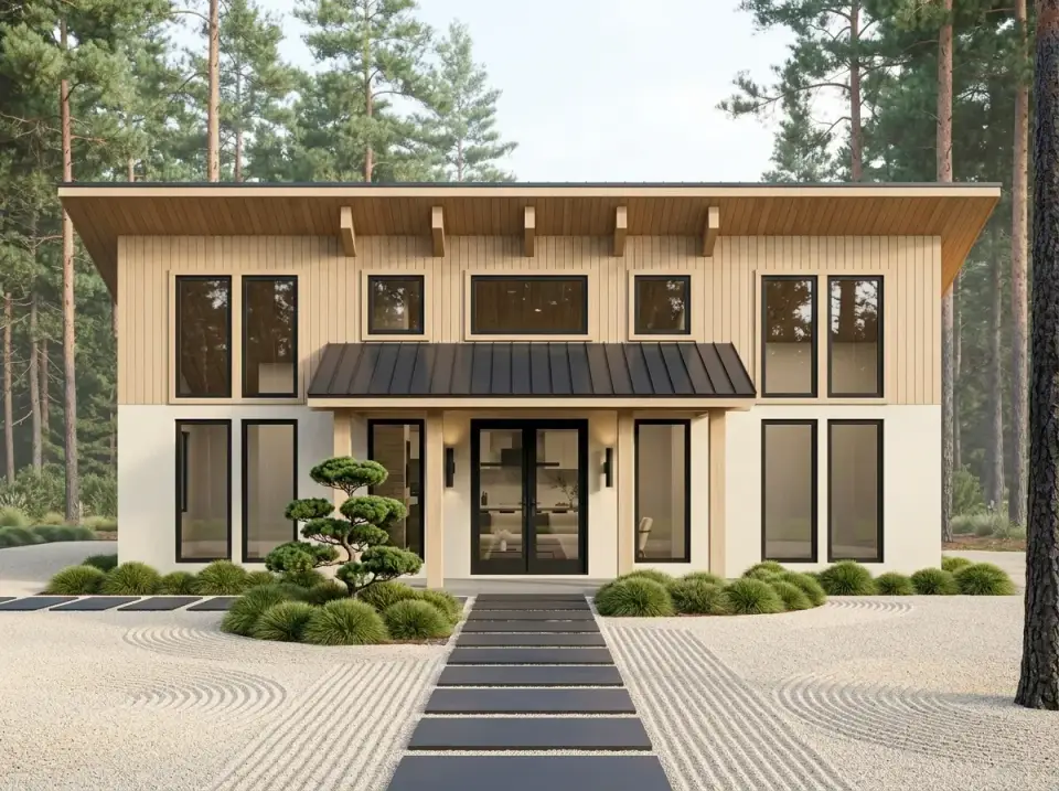 Plan 70953MK zen contemporary facade with stucco and dry garden