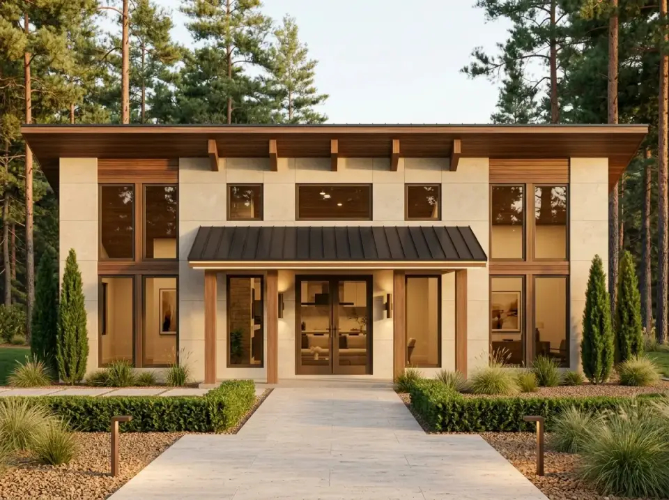 Plan 70953MK modern mediterranean facade with stone and boxwood