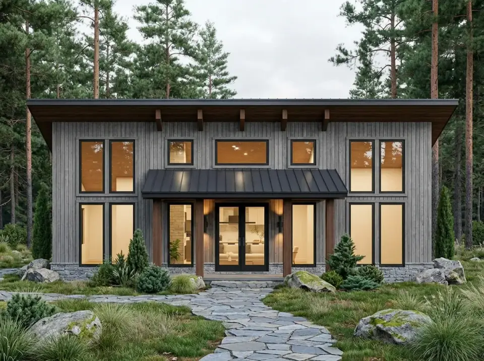 Plan 70953MK pacific northwest contemporary with gray siding and stone wainscot