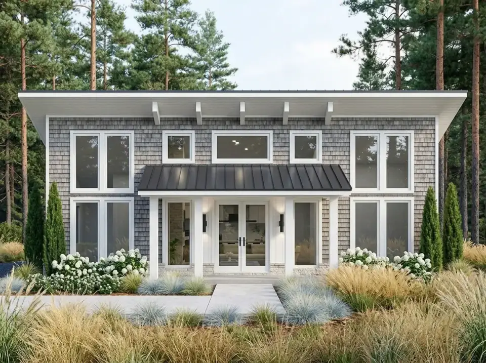 Plan 70953MK coastal shingle facade with gray cedar siding
