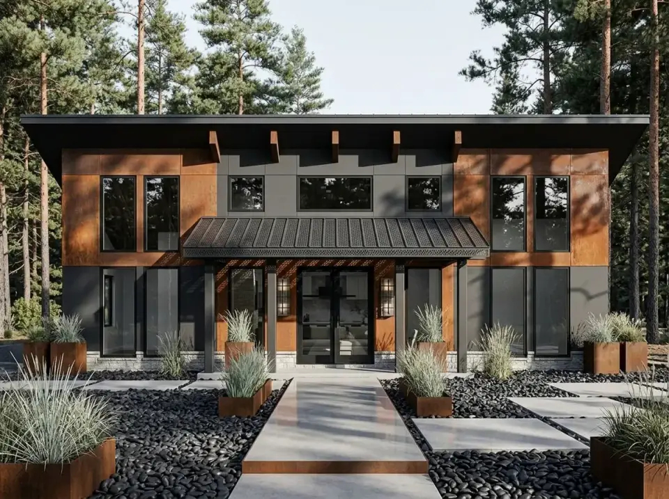 Plan 70953MK industrial modern facade corten steel and dark cladding