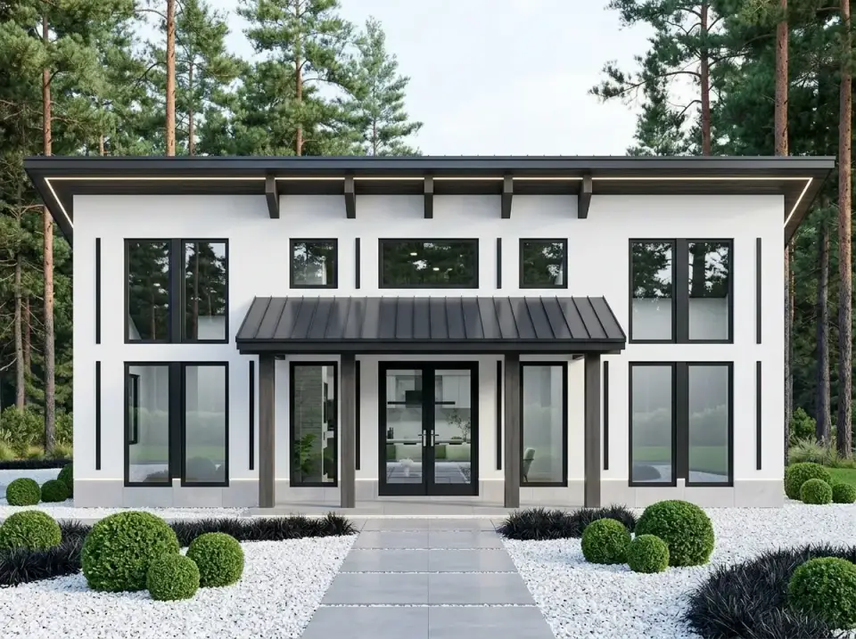 Plan 70953MK minimalist contemporary white stucco with dark wood trim