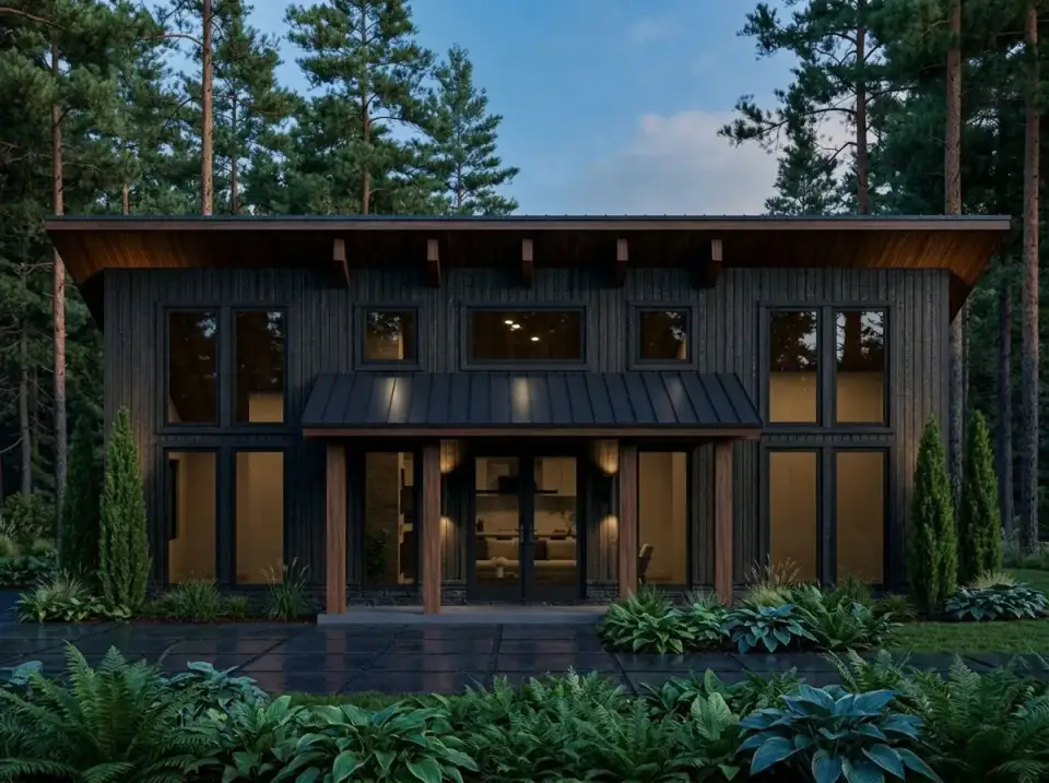 Plan 70953MK Nordic noir charred wood siding in forest setting