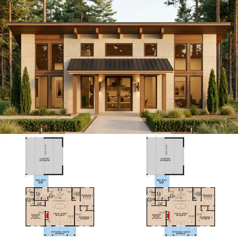 Plan 70953MK: 3-Bedroom Cottage with Two-Story Great Room