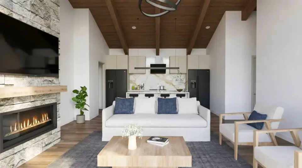 Plan 70953MK great room with stone fireplace wall and exposed beams