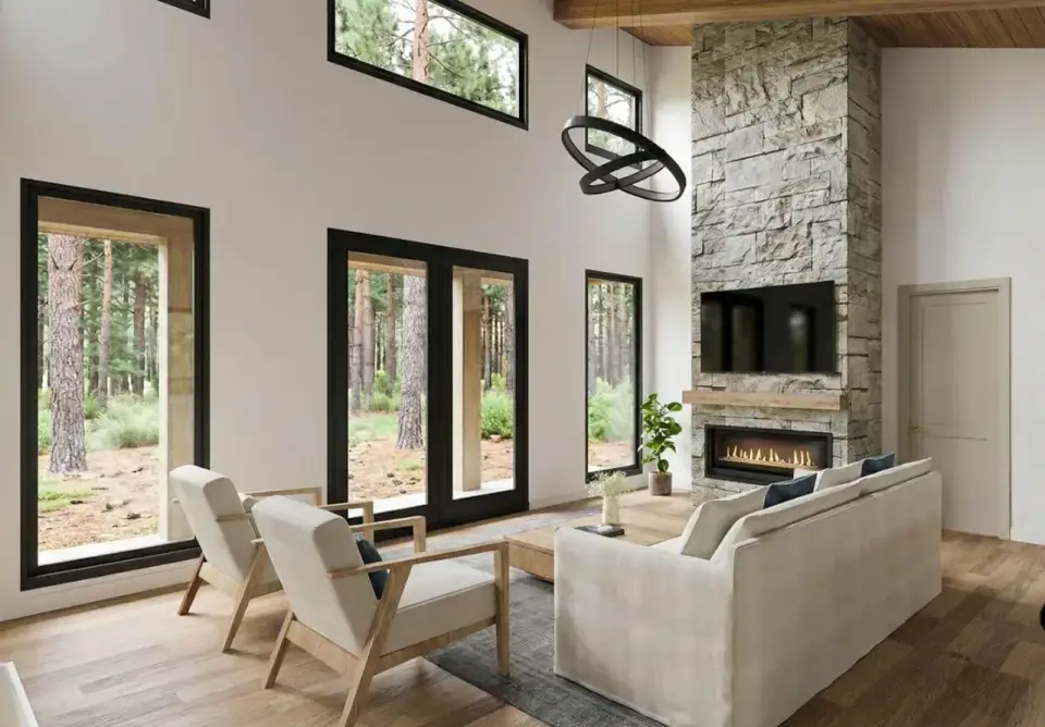 Plan 70953MK living area with vaulted wood ceiling