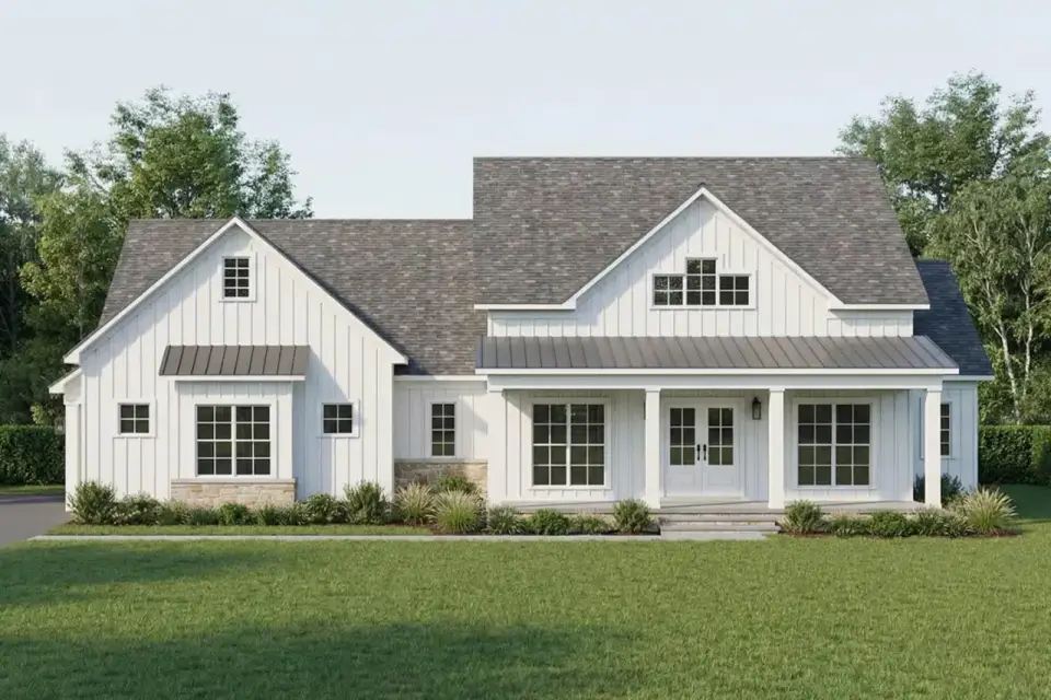 Plan 70954MK front elevation with board and batten siding