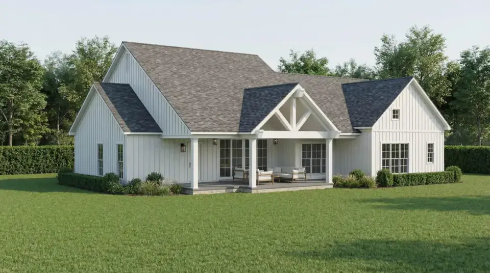 Plan 70954MK rear elevation with covered grilling porch