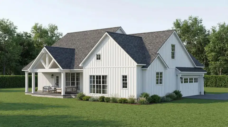 Plan 70954MK farmhouse exterior with stone wainscot